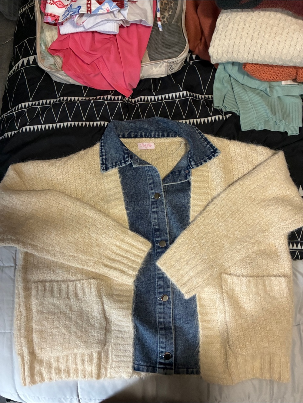 Pink Lily Cream Knit Cardigan with Denim-Style Front